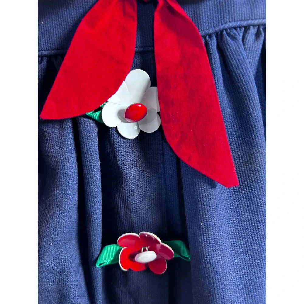 Peaches 'n Cream Corduroy Dress 2T Navy Blue Floral Bow Peter Pan Collar Toddler